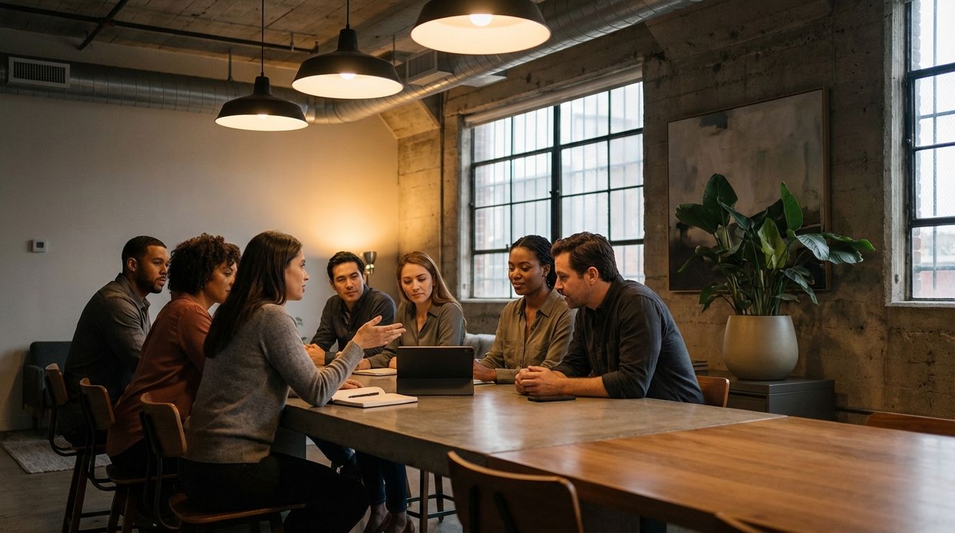 Groep professionals in gefocuste discussie tijdens een training in een loft-ruimte