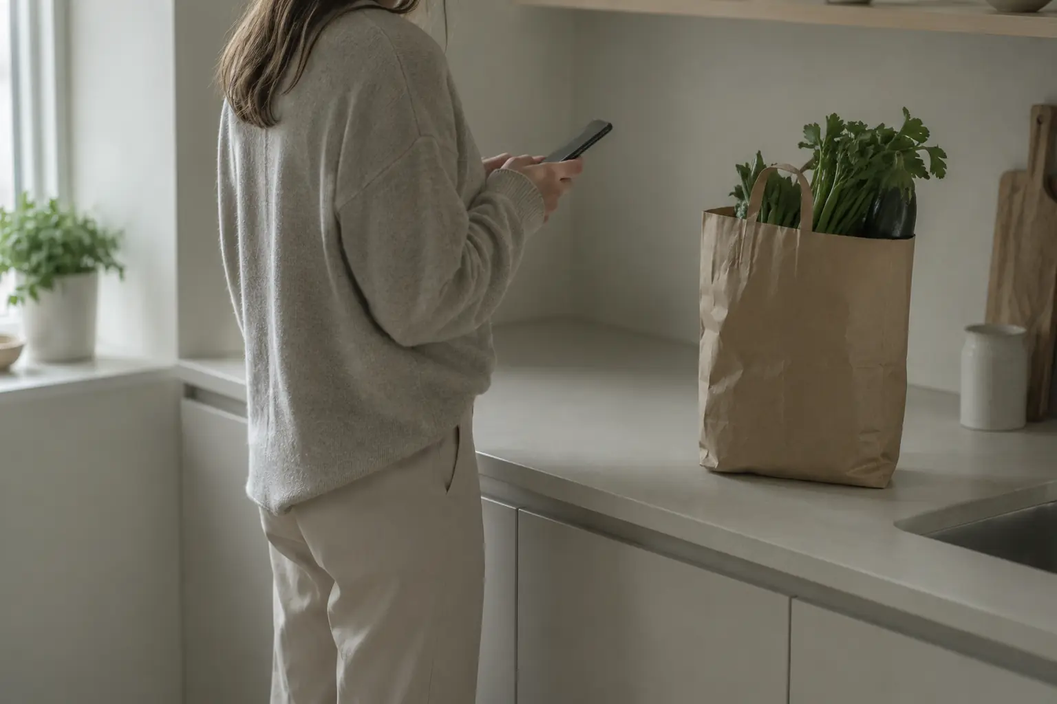 Iemand met een telefoon in de keuken, naast boodschappen op het aanrecht